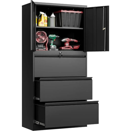 Large Steel 3 Drawer Lateral Hanging File Cabinet with Lockable Drawers and Doors for Home Office