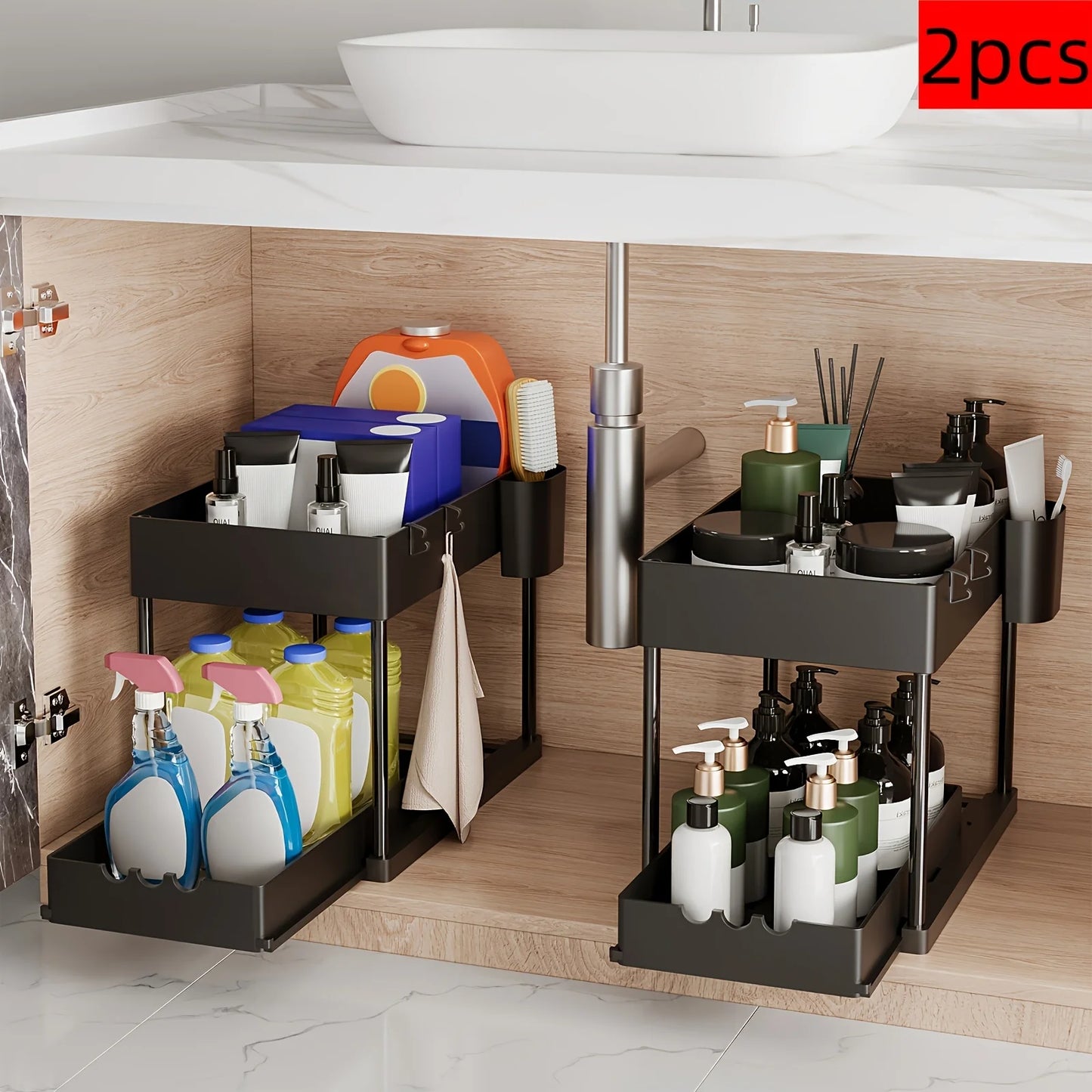 2Pcs 2-Tier Sliding Cabinet Organizer for Kitchen and Bathroom Storage