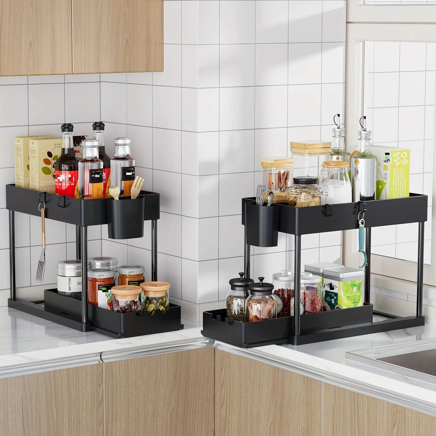 2Pcs 2-Tier Sliding Cabinet Organizer for Kitchen and Bathroom Storage