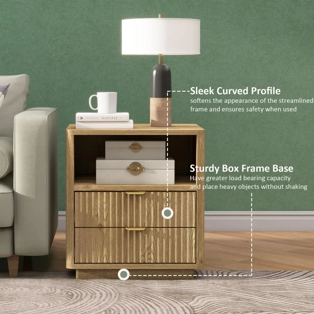 Fluted Nightstands Set of 2, Wooden Bedside Table 2 Drawers and Open Shelves