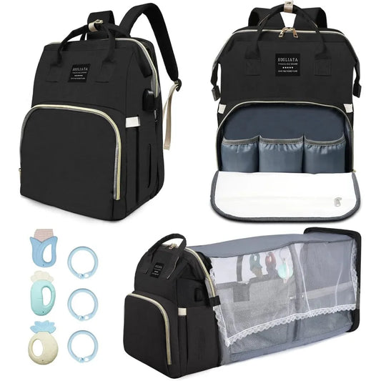Diaper Bag Backpack with Changing Station, insulated pocket for bottles and bed for baby napping. Large Capacity