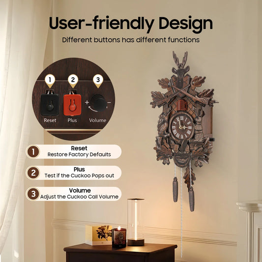 Wooden Cuckoo Clock with Pendulum and Automatic Bird Chiming for Living Room Kitchen Office Wall Decor Silent Quartz Movement