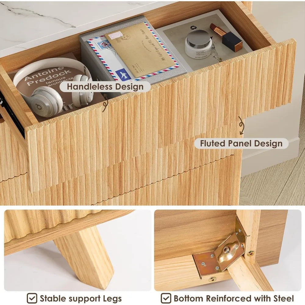 Fluted 6 Drawers Wooden Dresser for Bedroom, 52" Wide with Faux Marble Top