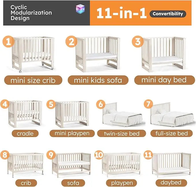 11-in-1 Convertible Baby Crib With Removable Wheels 4 Mattress Heights