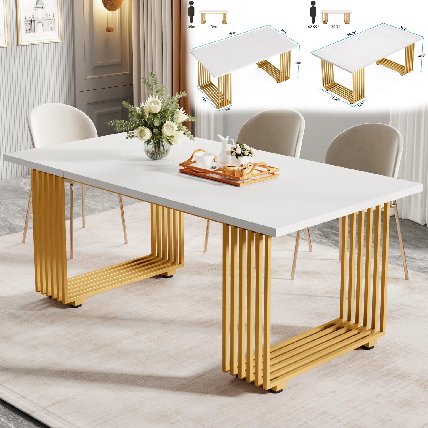 63-Inch Rectangular Table with Faux Marble Table Top