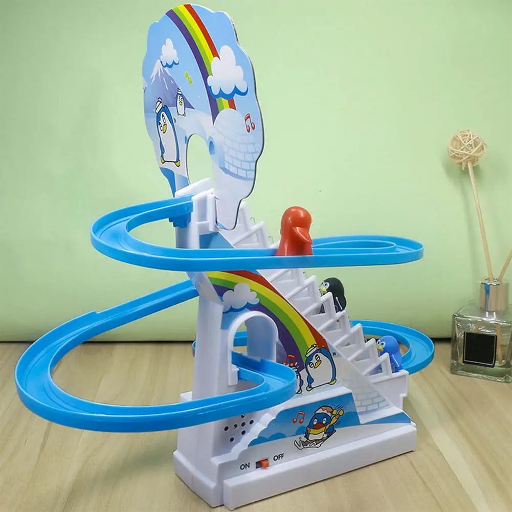 Kids Toy Penguin Slide Electric Railcar With Music Fun Penguin Climbing Stairs Toys For Children