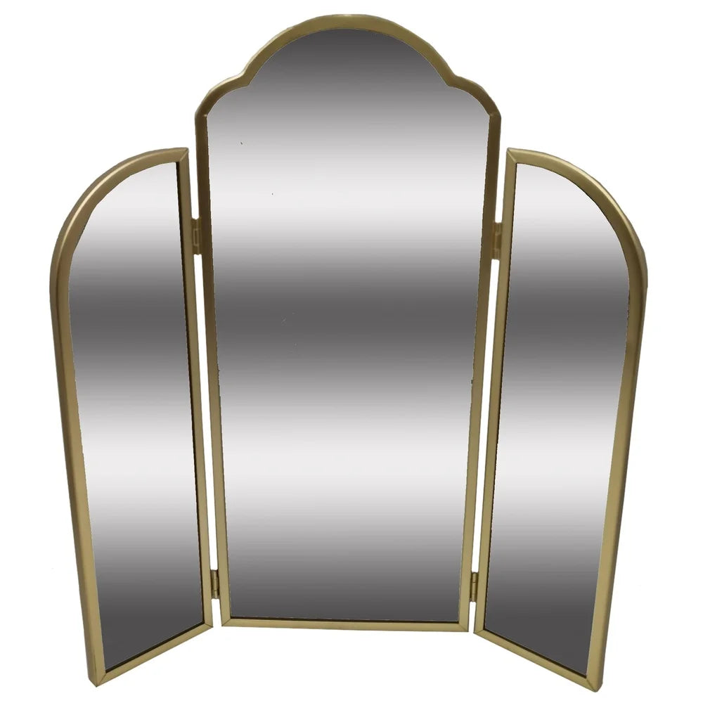 Trifold Adjustable Gold Vanity Mirror by Drew Barrymore. Large Arched Wall Mirror for Bathroom, Bedroom Makeup Dresser