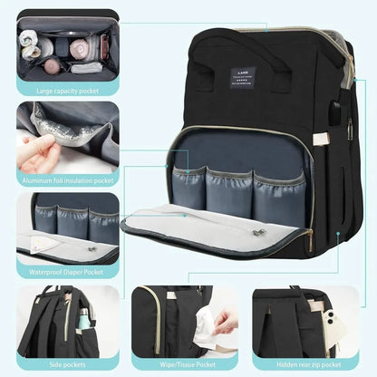 Diaper Bag Backpack with Changing Station, insulated pocket for bottles and bed for baby napping. Large Capacity