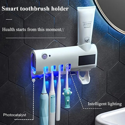 Wall mounted toothpaste dispenser with 4 toothbrush slots cleaning rack no drilling required