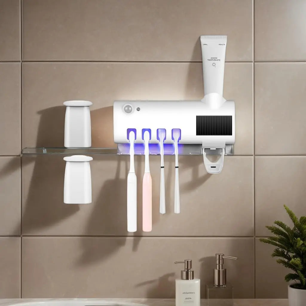 Wall mounted toothpaste dispenser with 4 toothbrush slots cleaning rack no drilling required