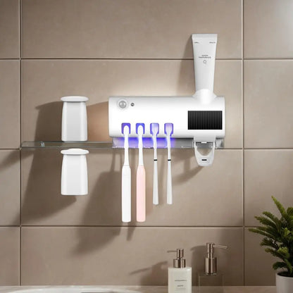 Wall mounted toothpaste dispenser with 4 toothbrush slots cleaning rack no drilling required
