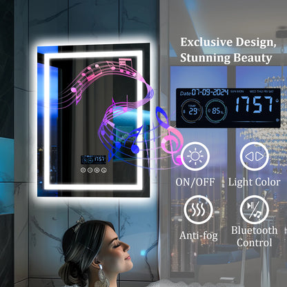 LED Lighted Bathroom Mirror with Bluetooth Speaker Smart LED Vanity Makeup Wall Mounted Mirrors 3 Lights Setting Anti-Fog RBG