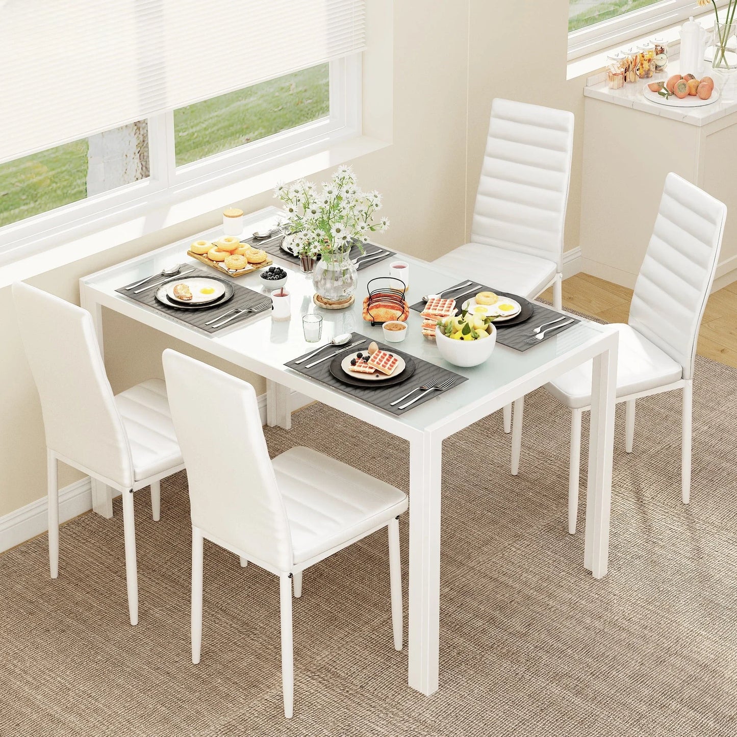 Glass Dining Table with 4 Leather Chairs