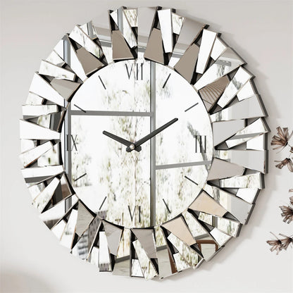 Large Mirrored Wall Clock 3D Sunburst pattern 32"/80CM Round Roman Numeral perfect for Living Room Dining Room Fireplace Decor