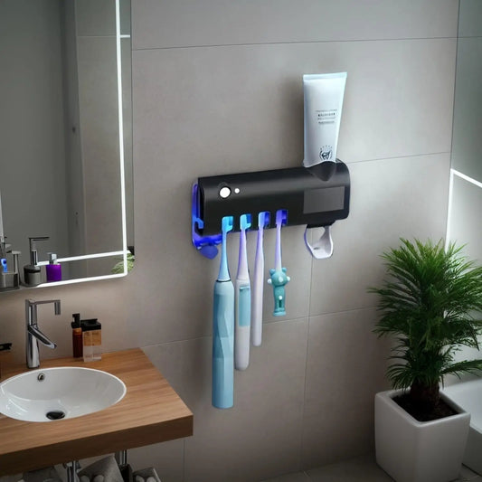 Wall mounted toothpaste dispenser with 4 toothbrush slots cleaning rack no drilling required