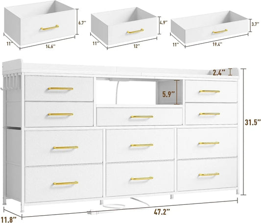 Long Dresser for Bedroom with 11 Drawers for 60" TV Stand with LED Lights & Charging Station