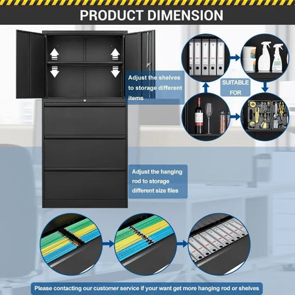 Large Steel 3 Drawer Lateral Hanging File Cabinet with Lockable Drawers and Doors for Home Office