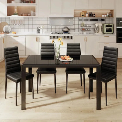 Glass Dining Table with 4 Leather Chairs