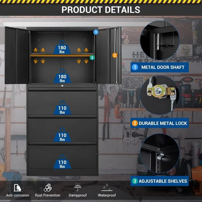 Large Steel 3 Drawer Lateral Hanging File Cabinet with Lockable Drawers and Doors for Home Office