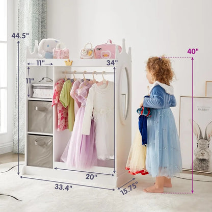 Kids Dress Up Storage Mirror w/ 2 Bins, Cloth Hanger - Kids Play Armoire Dresser Pretend Closet for Bedroom