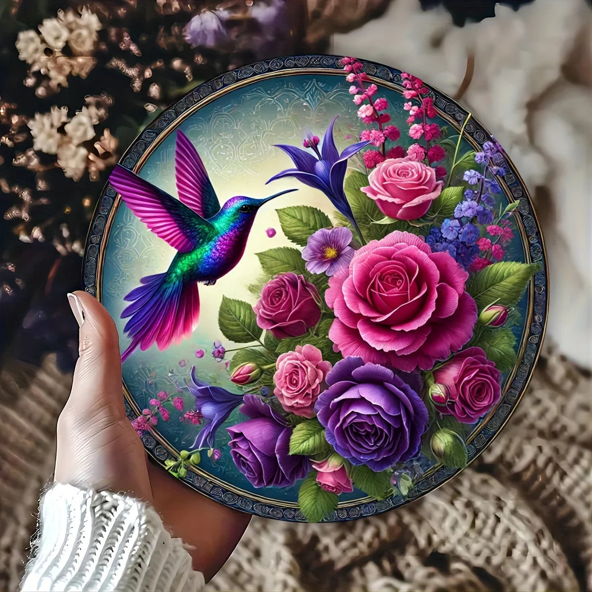 Hummingbird Wreath Aluminum Sign - Round Metal Home Decor - Ideal for Living Room, Bedroom & Kitchen - Gift for Nature Lovers