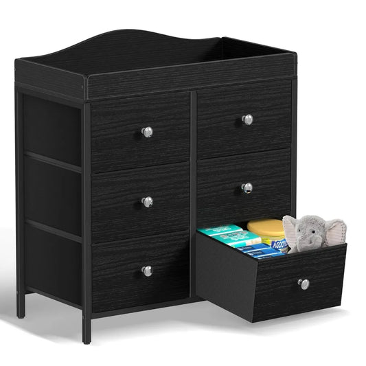 Black Changing Table Dresser with 6 Fabric Drawers