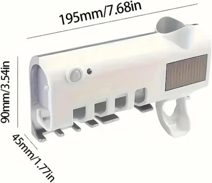 Wall mounted toothpaste dispenser with 4 toothbrush slots cleaning rack no drilling required