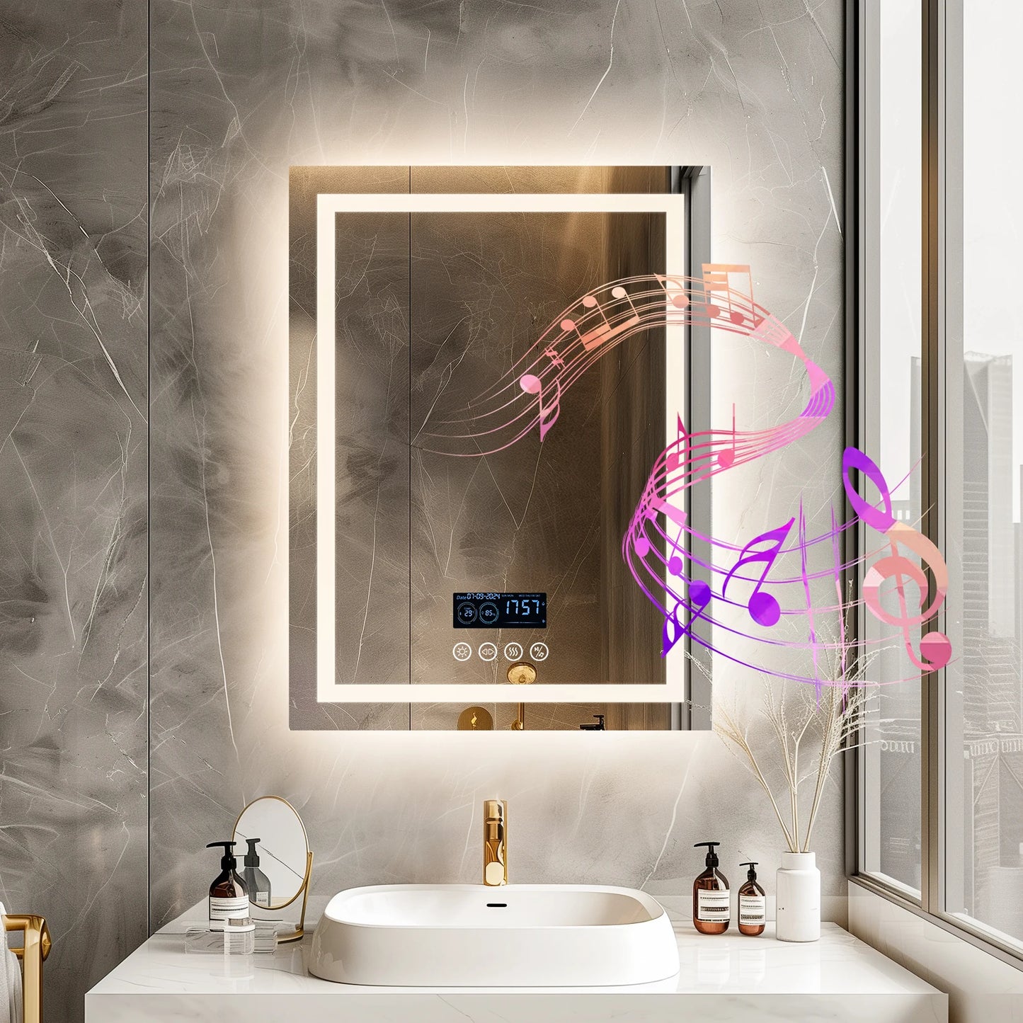 LED Lighted Bathroom Mirror with Bluetooth Speaker Smart LED Vanity Makeup Wall Mounted Mirrors 3 Lights Setting Anti-Fog RBG