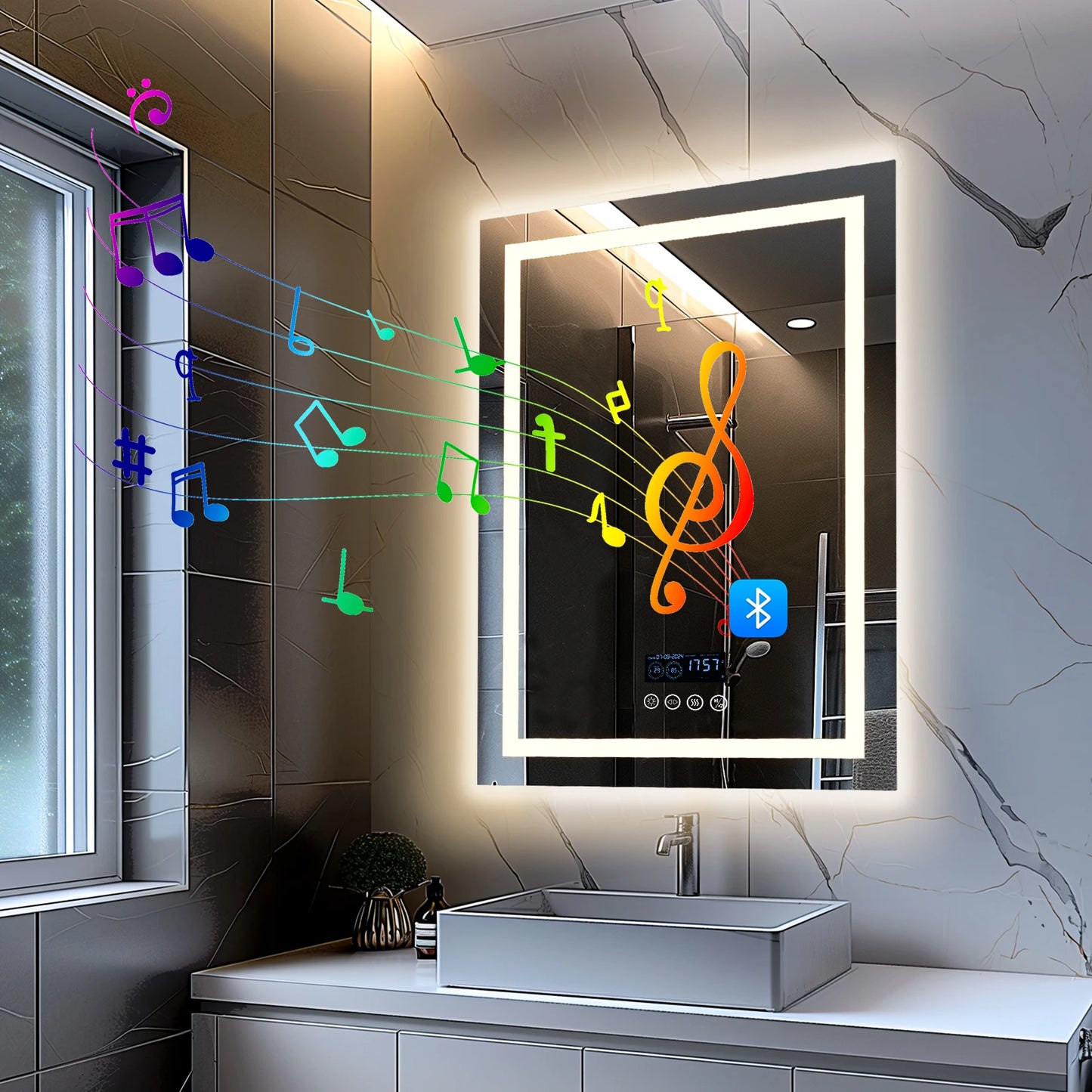 LED Lighted Bathroom Mirror with Bluetooth Speaker Smart LED Vanity Makeup Wall Mounted Mirrors 3 Lights Setting Anti-Fog RBG