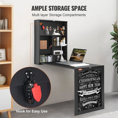 Space Saving Folding Computer Desk Table, Wall Mounted with Storage Area and Chalkboard for Home Office