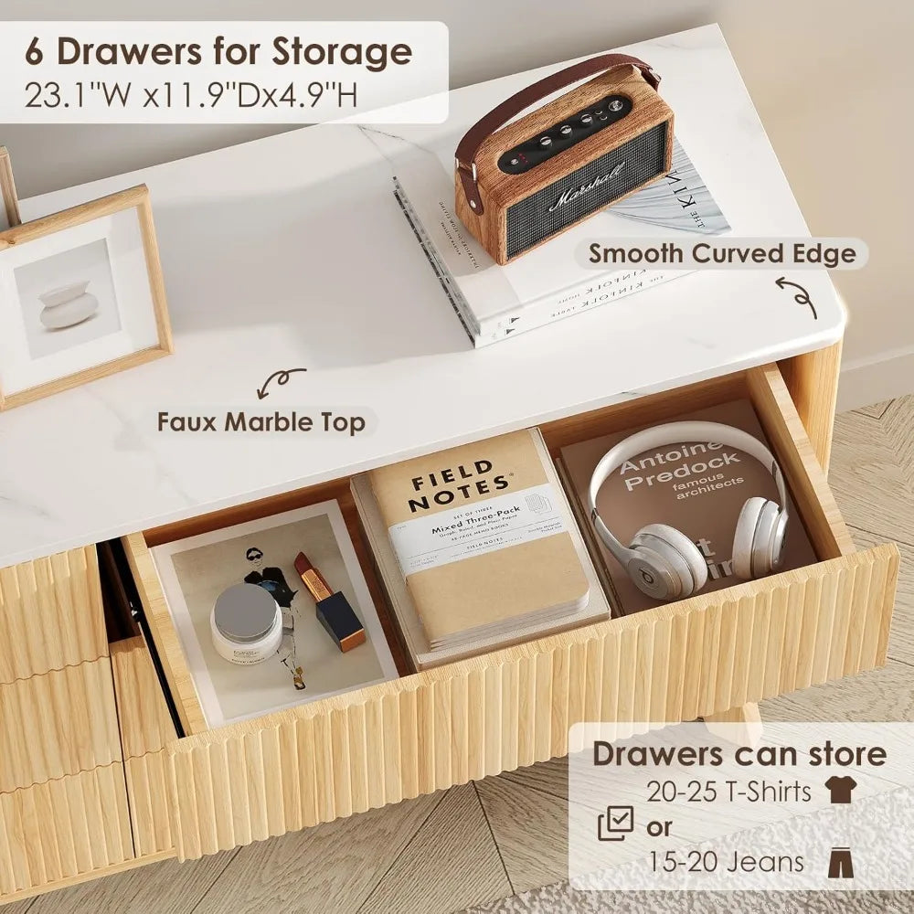 Fluted 6 Drawers Wooden Dresser for Bedroom, 52" Wide with Faux Marble Top