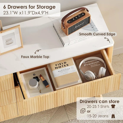 Fluted 6 Drawers Wooden Dresser for Bedroom, 52" Wide with Faux Marble Top