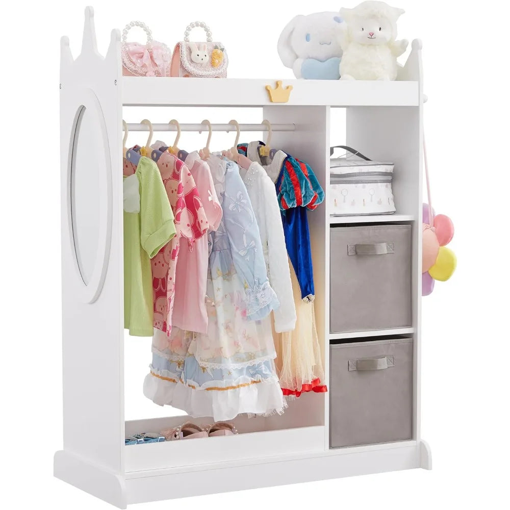 Kids Dress Up Storage Mirror w/ 2 Bins, Cloth Hanger - Kids Play Armoire Dresser Pretend Closet for Bedroom