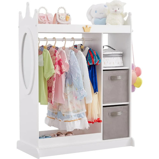 Kids Dress Up Storage Mirror w/ 2 Bins, Cloth Hanger - Kids Play Armoire Dresser Pretend Closet for Bedroom