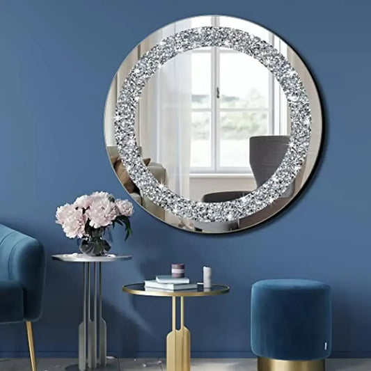 Luxury Crystal Crush Diamond Round Silver Mirror 20x20x1 inch