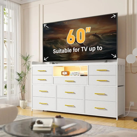Long Dresser for Bedroom with 11 Drawers for 60" TV Stand with LED Lights & Charging Station