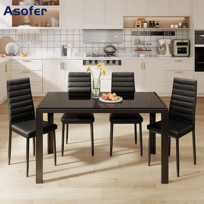 Glass Dining Table with 4 Leather Chairs