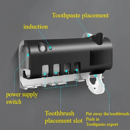 Wall mounted toothpaste dispenser with 4 toothbrush slots cleaning rack no drilling required