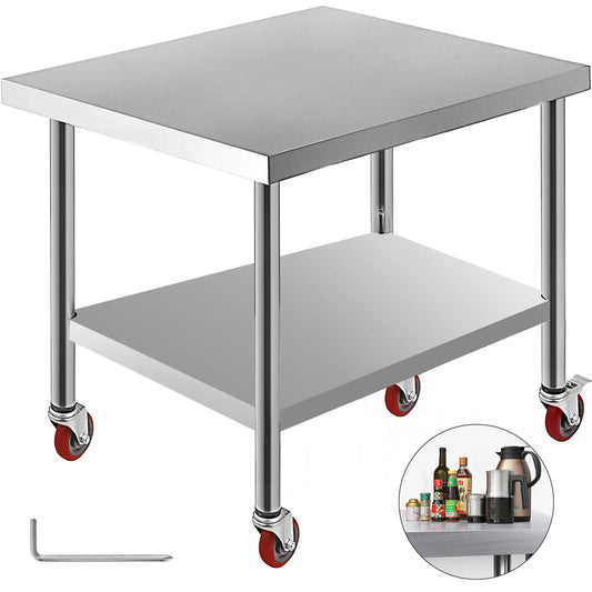 Stainless Steel Kitchen Worktable with shelves, Caster Wheels