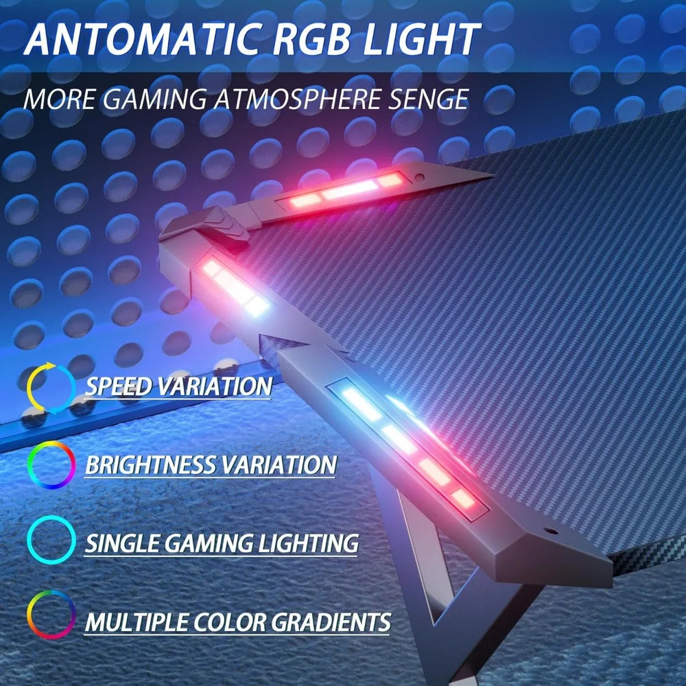 Ergonomic 47 Inch PC Workstation with Carbon Fiber Surface plus Gaming Desk with LED Lights,