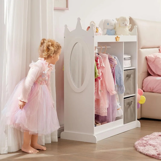 Kids Dress Up Storage Mirror w/ 2 Bins, Cloth Hanger - Kids Play Armoire Dresser Pretend Closet for Bedroom