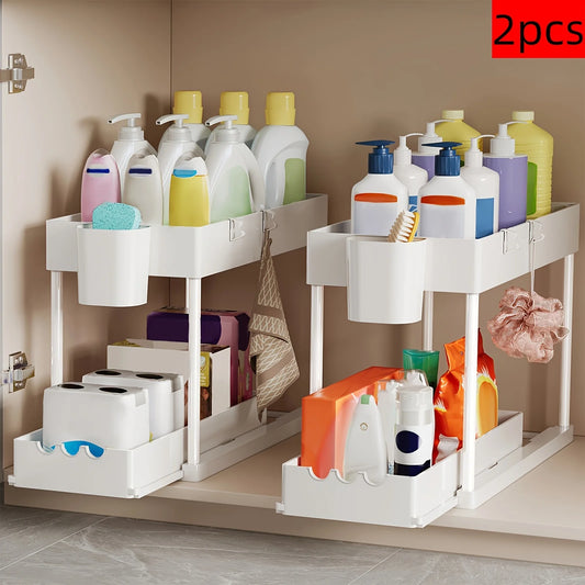 2Pcs 2-Tier Sliding Cabinet Organizer for Kitchen and Bathroom Storage