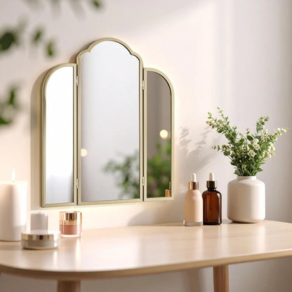 Trifold Adjustable Gold Vanity Mirror by Drew Barrymore. Large Arched Wall Mirror for Bathroom, Bedroom Makeup Dresser