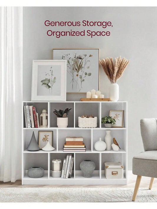 Book case, Storage Shelf, With 11 Storage Compartments, For Study, Bedroom, Living Room, White