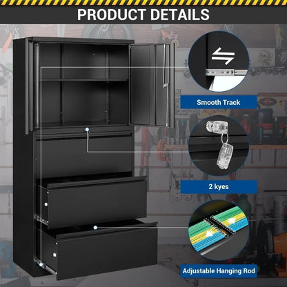 Large Steel 3 Drawer Lateral Hanging File Cabinet with Lockable Drawers and Doors for Home Office