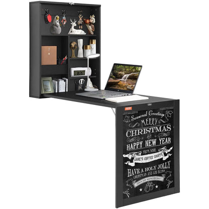 Space Saving Folding Computer Desk Table, Wall Mounted with Storage Area and Chalkboard for Home Office
