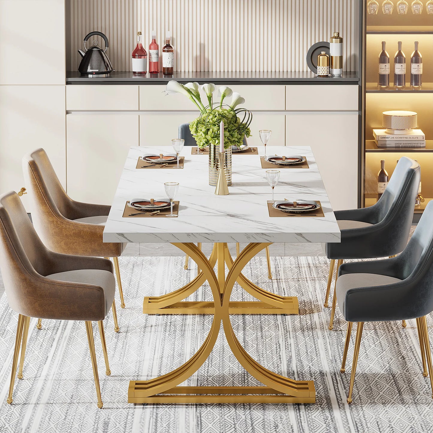 63-Inch Rectangular Table with Faux Marble Table Top