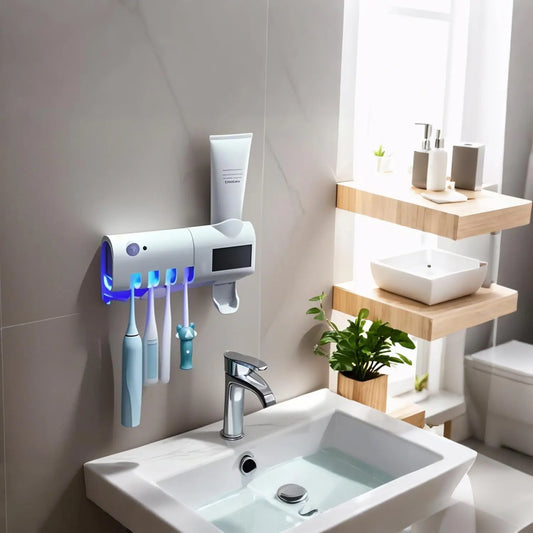 Wall mounted toothpaste dispenser with 4 toothbrush slots cleaning rack no drilling required