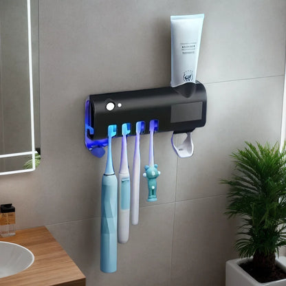 Wall mounted toothpaste dispenser with 4 toothbrush slots cleaning rack no drilling required