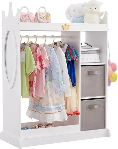 Kids Dress Up Storage Mirror w/ 2 Bins, Cloth Hanger - Kids Play Armoire Dresser Pretend Closet for Bedroom